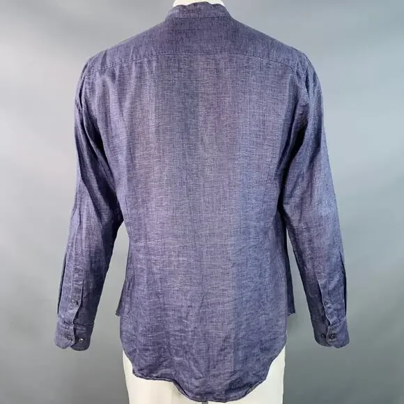 GIORGIO ARMANI L Blue Woven Linen Collarless Double Zipper Long Sleeve Shirt